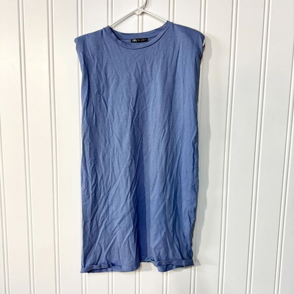 Zara Padded Shoulder Crewneck Cotton Blue Tunic Dress Size Medium - Picture 1 of 4